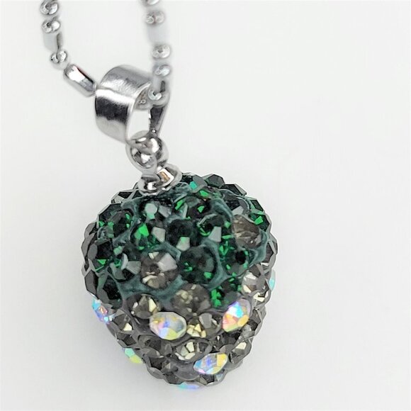 STRAWBERRY Shape Mini Green and Grey Rhinestone Small Pendant Necklace - Picture 10 of 12